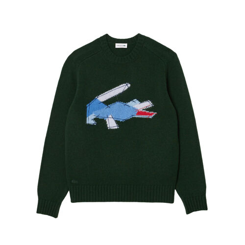 Jersey Verde Lacoste de Lana Cardada con Motivo de Cocodrilo Sinople L