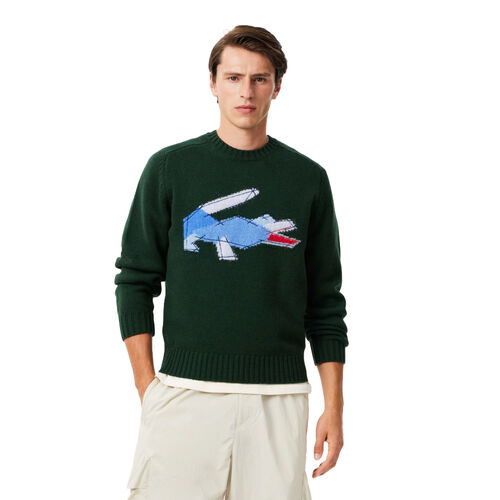Jersey Verde Lacoste de Lana Cardada con Motivo de Cocodrilo Sinople L