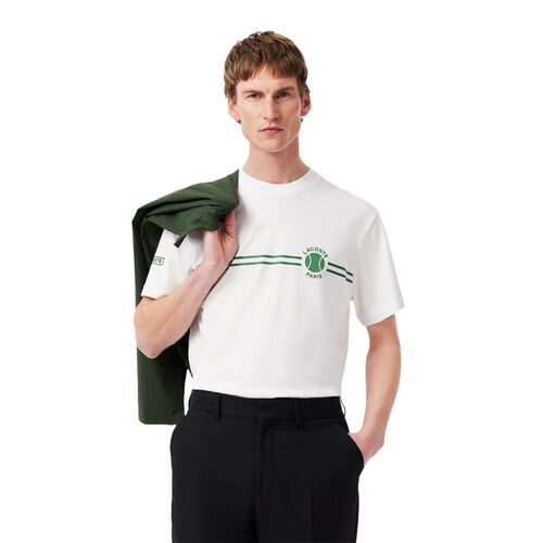 Camiseta Blanca Lacoste Estampada con Estampado de Tenis Clásico XL