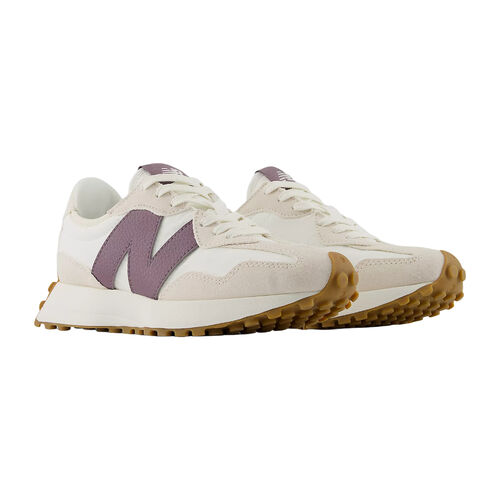 Zapatillas Blancas y Moradas New Balance 327 Linen con Sea Salt y Dark Ice Wine 37