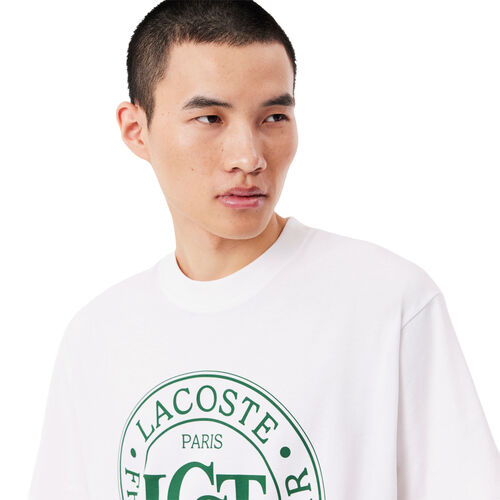 Camiseta Blanca Lacoste Estampada De Corte Amplio De Algodón Grueso XS