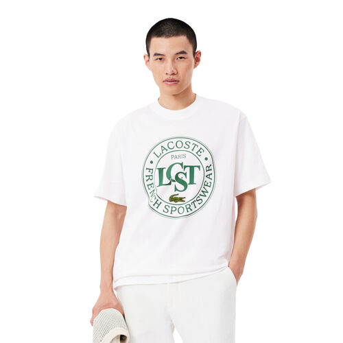 Camiseta Blanca Lacoste Estampada De Corte Amplio De Algodón Grueso XS
