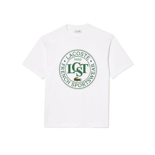 Camiseta Blanca Lacoste Estampada De Corte Amplio De Algodón Grueso XS