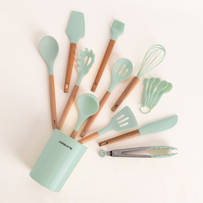 Set utensilios de cocina Create en verde de silicona y madera - goon