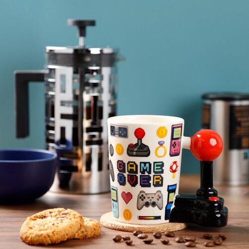 Taza de Cerámica Puckator - Asa con Forma de Joystick y Pixel Game Over TU