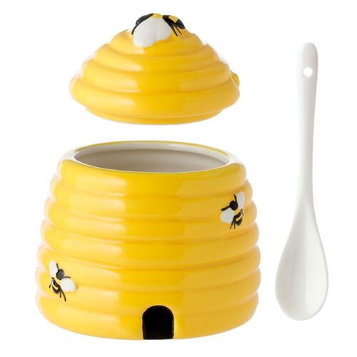 Bote de Cerámica Amarillo con Tapa y Cuchara Puckator Colmena 