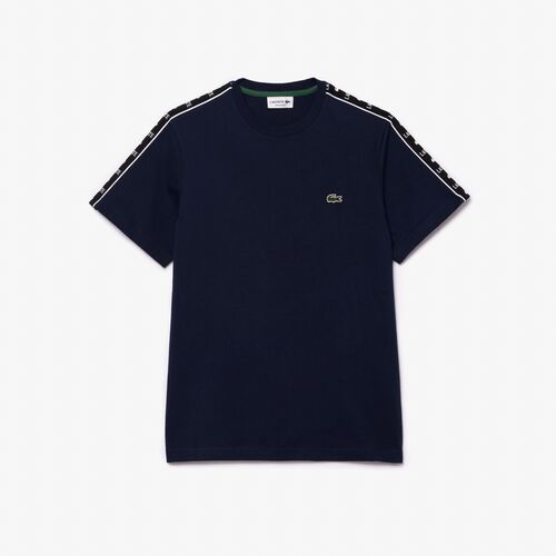 Camiseta Azul Marino Lacoste con Rayas de Logo M